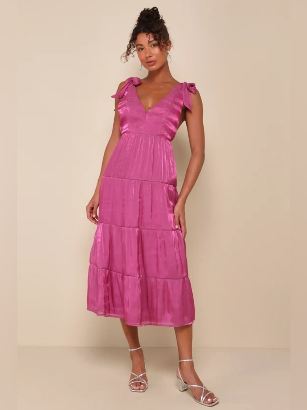 Lulu's Fuchsia Tie-Strap Tiered Midi Dress